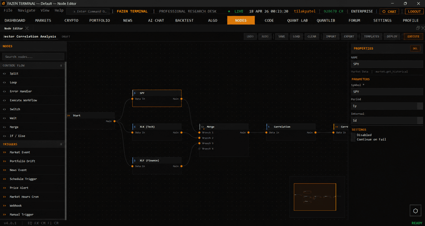 Node workflows screen in Fazen Terminal